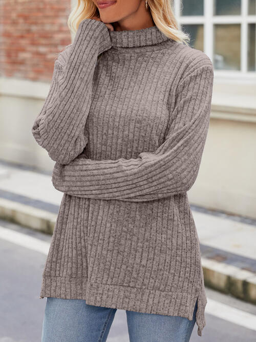 Ribbed Turtleneck Long Sleeve Slit Knit Top - EMMY