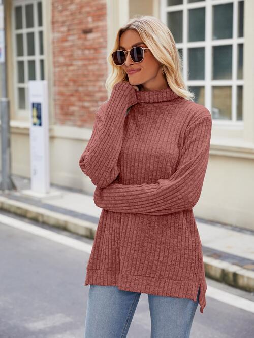 Ribbed Turtleneck Long Sleeve Slit Knit Top - EMMY