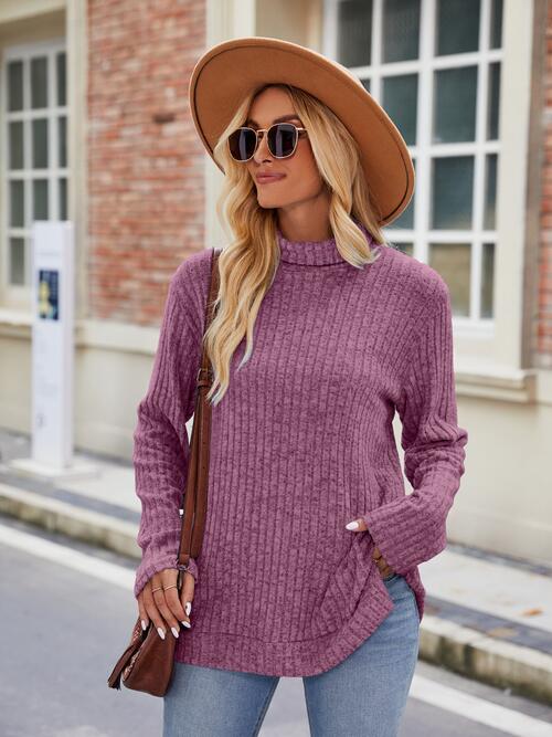 Ribbed Turtleneck Long Sleeve Slit Knit Top - EMMY