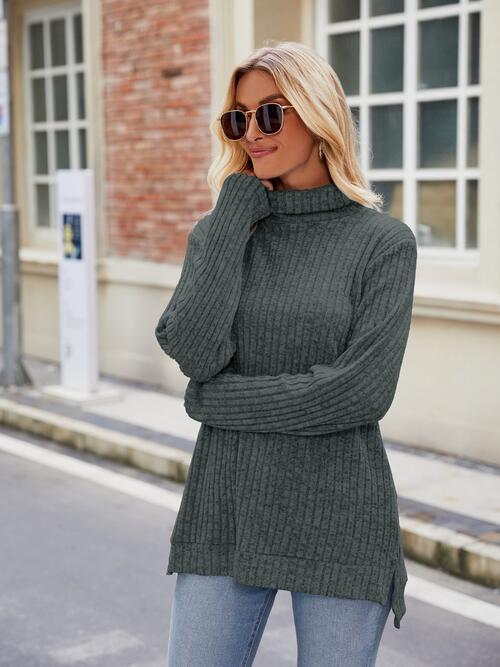 Ribbed Turtleneck Long Sleeve Slit Knit Top - EMMY