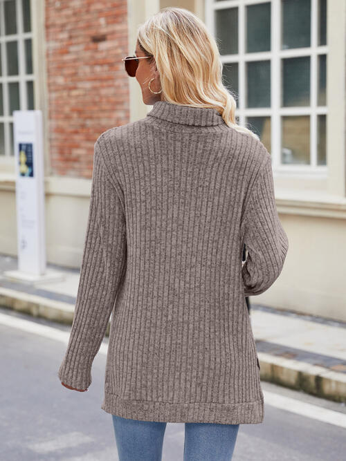 Ribbed Turtleneck Long Sleeve Slit Knit Top - EMMY