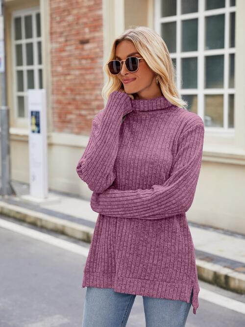 Ribbed Turtleneck Long Sleeve Slit Knit Top - EMMY