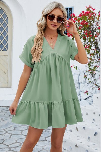 Ruched Tiered V-Neck Short Sleeve Mini Dress - EMMY