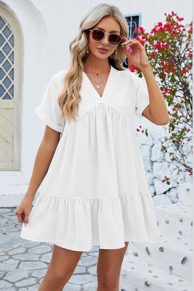 Ruched Tiered V-Neck Short Sleeve Mini Dress - EMMY