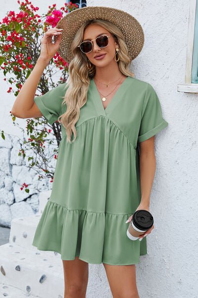 Ruched Tiered V-Neck Short Sleeve Mini Dress - EMMY