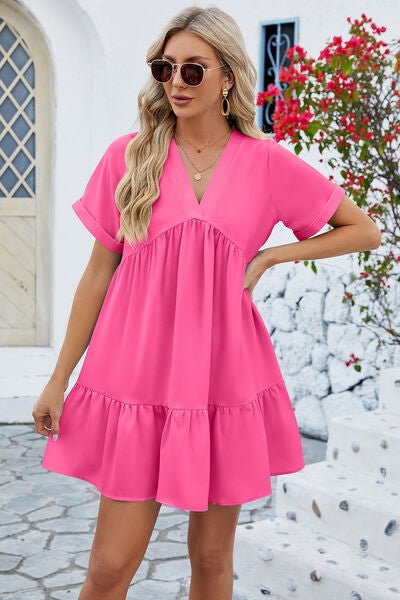 Ruched Tiered V-Neck Short Sleeve Mini Dress - EMMY