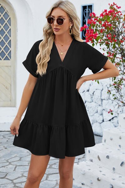 Ruched Tiered V-Neck Short Sleeve Mini Dress - EMMY