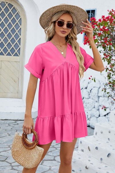 Ruched Tiered V-Neck Short Sleeve Mini Dress - EMMY