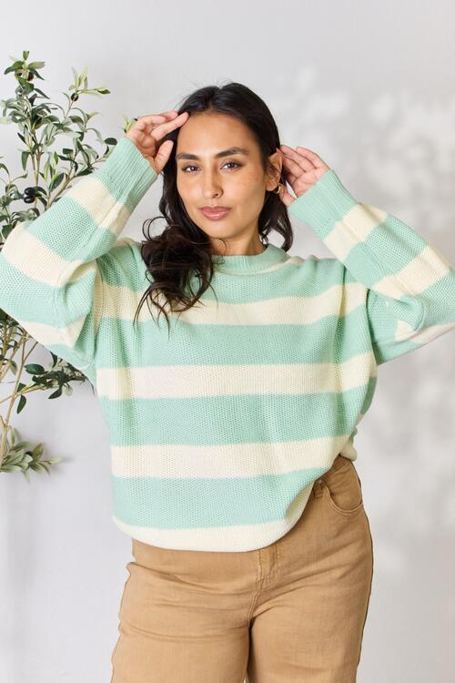 Sew In Love Full Size Contrast Striped Round Neck Sweater - EMMY