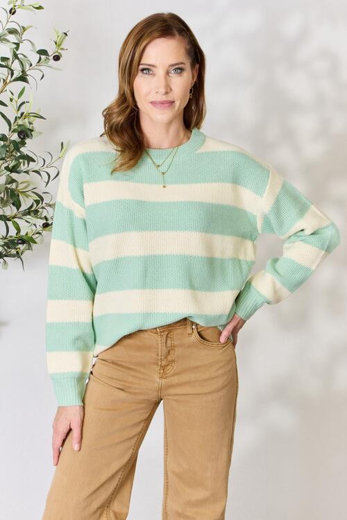 Sew In Love Full Size Contrast Striped Round Neck Sweater - EMMY