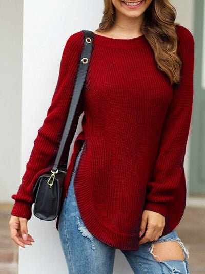 Slit Round Neck Long Sleeve Sweater - EMMY