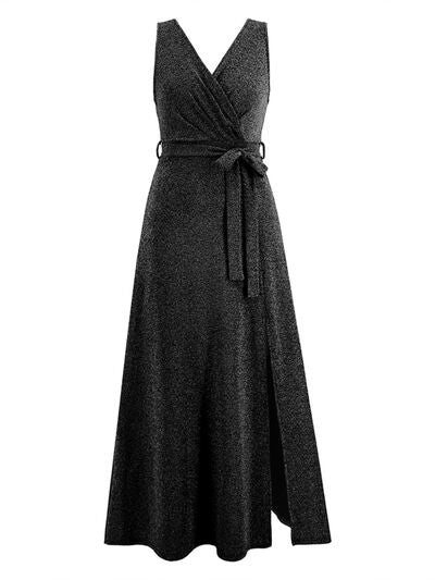 Slit Surplice Tie Waist Sleeveless Dress - EMMY