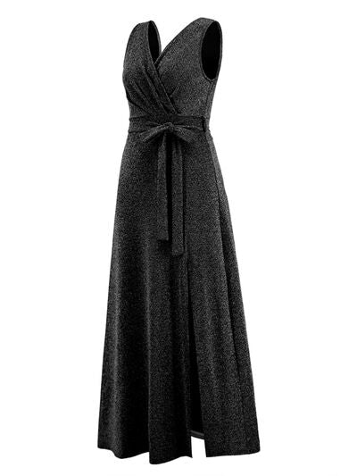 Slit Surplice Tie Waist Sleeveless Dress - EMMY