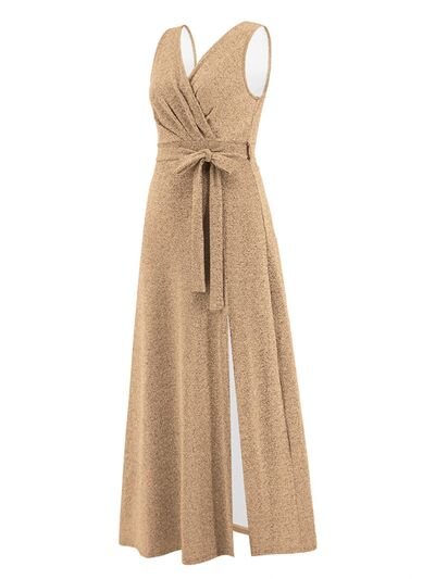 Slit Surplice Tie Waist Sleeveless Dress - EMMY