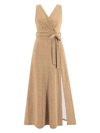 Slit Surplice Tie Waist Sleeveless Dress - EMMY