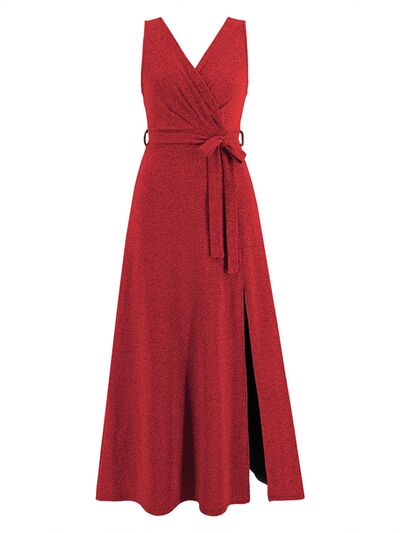 Slit Surplice Tie Waist Sleeveless Dress - EMMY