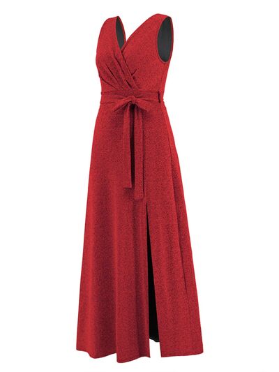 Slit Surplice Tie Waist Sleeveless Dress - EMMY