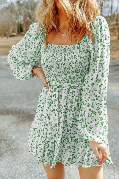 Smocked Floral Square Neck Balloon Sleeve Dress - EMMY