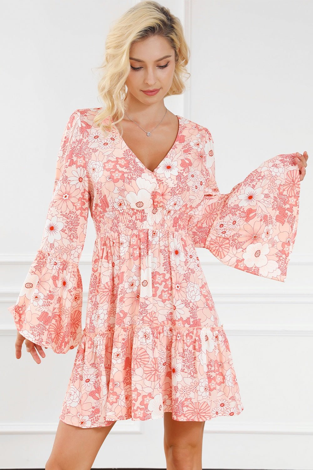 Smocked Printed Flare Sleeve Mini Dress - EMMY