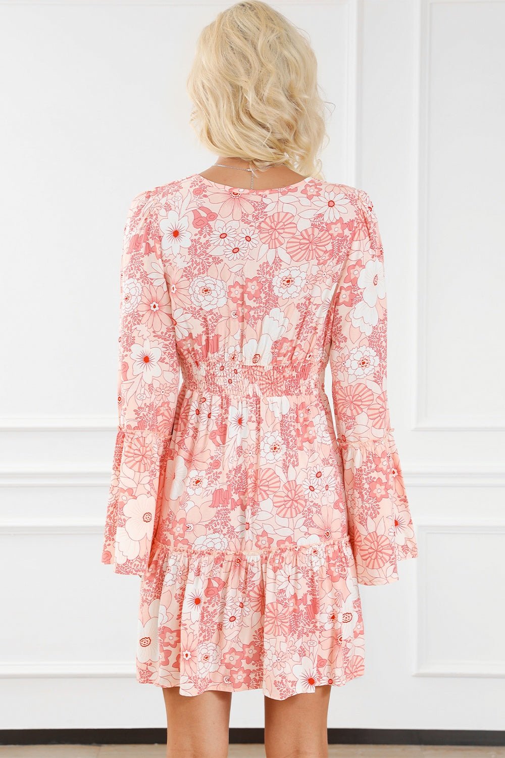 Smocked Printed Flare Sleeve Mini Dress - EMMY