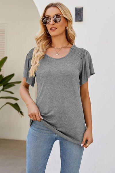 Smocked Round Neck Flutter Sleeve T-Shirt - EMMY