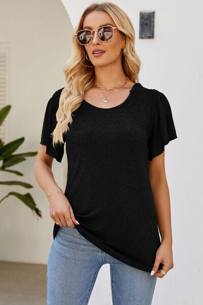 Smocked Round Neck Flutter Sleeve T-Shirt - EMMY