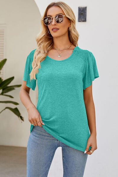 Smocked Round Neck Flutter Sleeve T-Shirt - EMMY