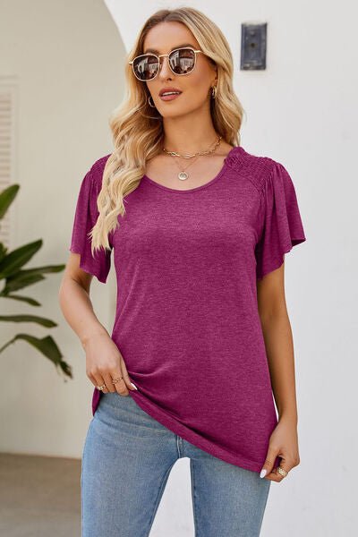 Smocked Round Neck Flutter Sleeve T-Shirt - EMMY