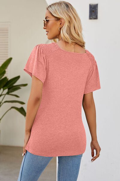 Smocked Round Neck Flutter Sleeve T-Shirt - EMMY