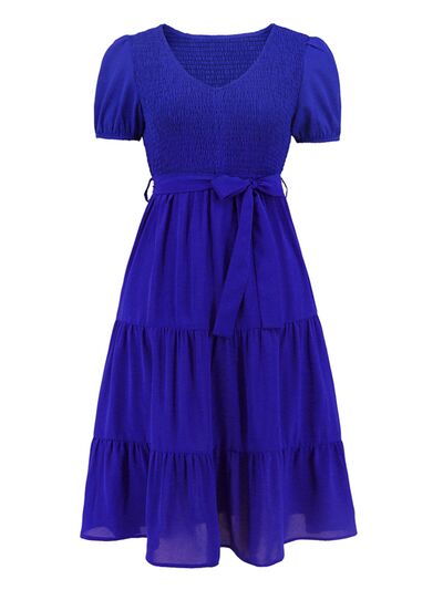 Smocked Tie Front Short Sleeve Tiered Dress - EMMY