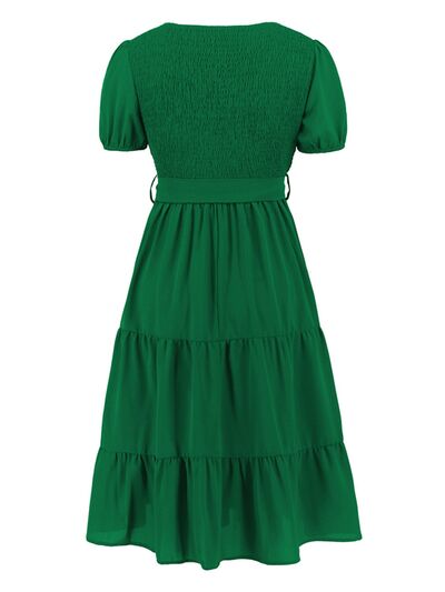 Smocked Tie Front Short Sleeve Tiered Dress - EMMY