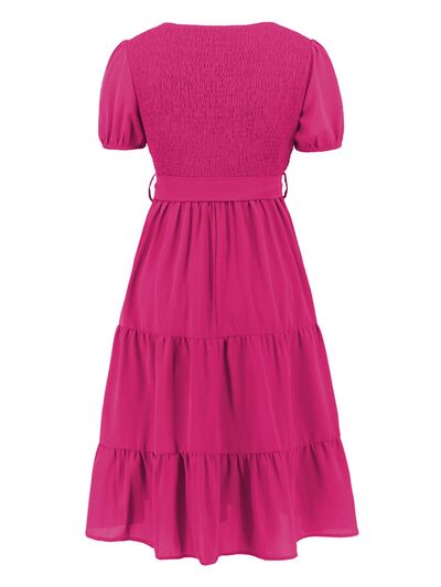 Smocked Tie Front Short Sleeve Tiered Dress - EMMY