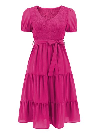 Smocked Tie Front Short Sleeve Tiered Dress - EMMY