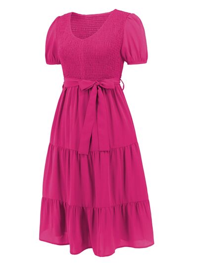 Smocked Tie Front Short Sleeve Tiered Dress - EMMY