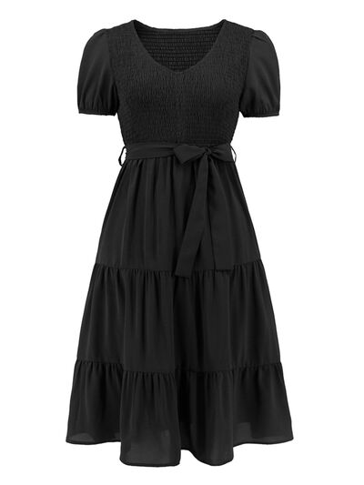 Smocked Tie Front Short Sleeve Tiered Dress - EMMY