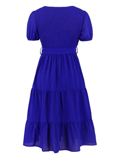 Smocked Tie Front Short Sleeve Tiered Dress - EMMY