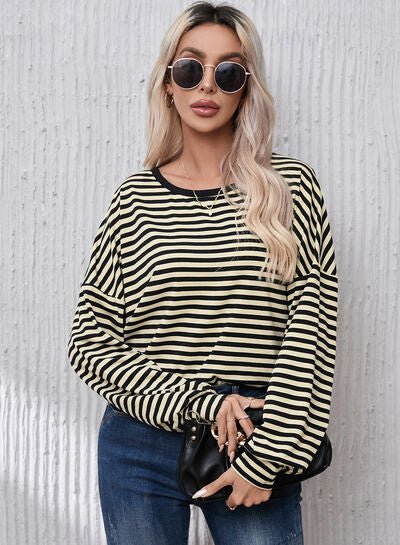 Striped Round Neck Dropped Shoulder T-Shirt - EMMY