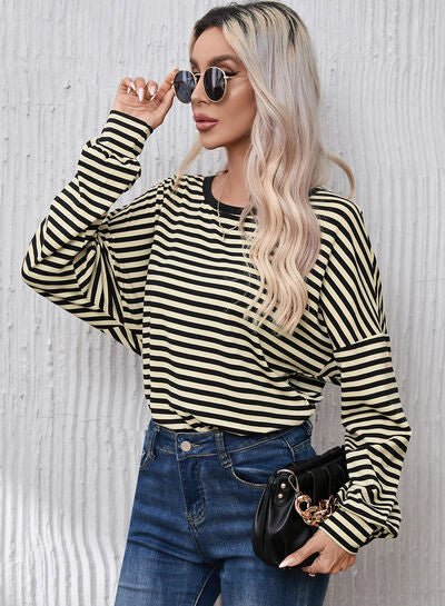 Striped Round Neck Dropped Shoulder T-Shirt - EMMY