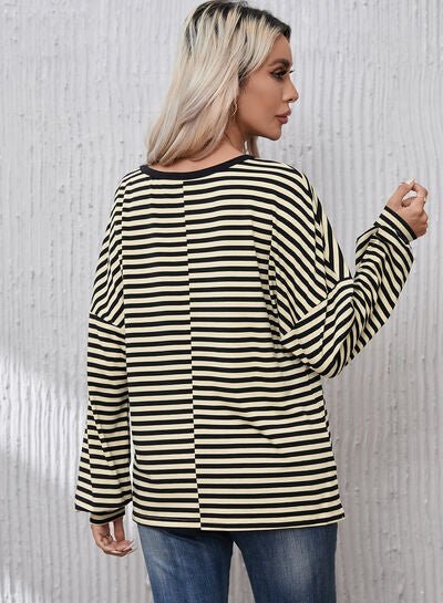 Striped Round Neck Dropped Shoulder T-Shirt - EMMY