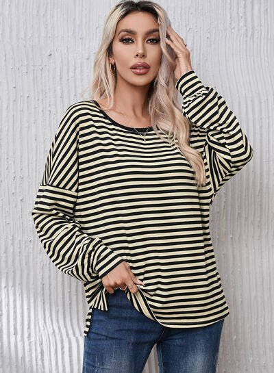 Striped Round Neck Dropped Shoulder T-Shirt - EMMY