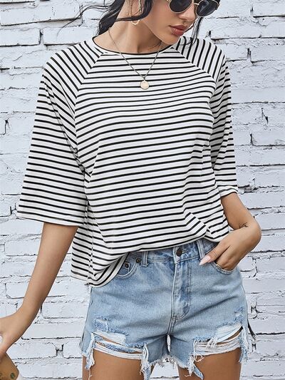 Striped Round Neck Raglan Sleeve T-Shirt - EMMY