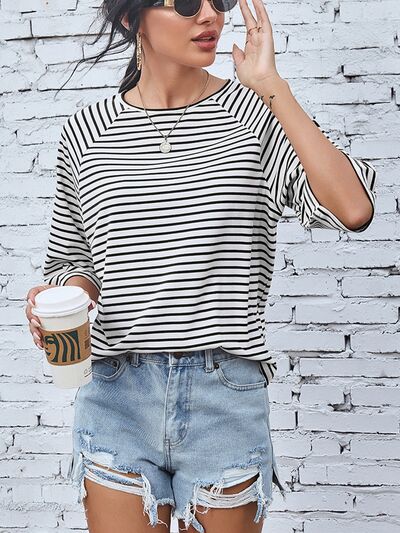 Striped Round Neck Raglan Sleeve T-Shirt - EMMY