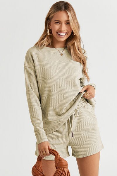 Texture Long Sleeve Top and Drawstring Shorts Set - EMMY