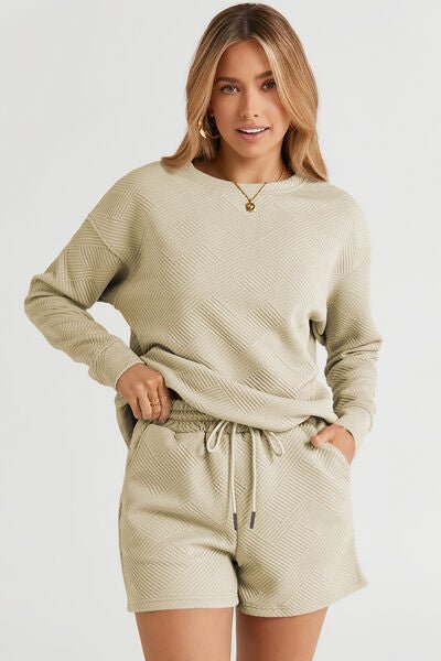 Texture Long Sleeve Top and Drawstring Shorts Set - EMMY