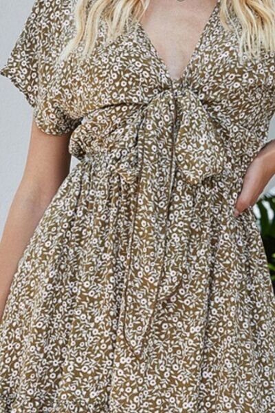 Tied Floral V-Neck Cap Sleeve Dress - EMMY