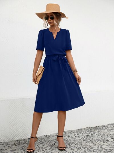 Tied Notched Short Sleeve Dress - EMMY