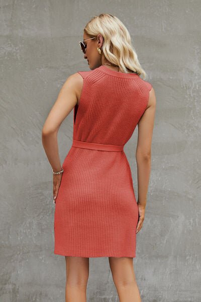 Tied Round Neck Sleeveless Sweater Dress - EMMY