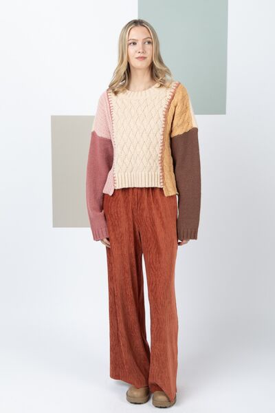 VERY J Color Block Cable Knit Long Sleeve Sweater - EMMY