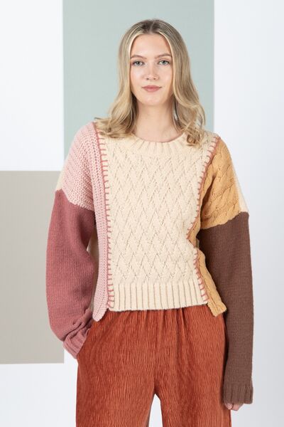 VERY J Color Block Cable Knit Long Sleeve Sweater - EMMY