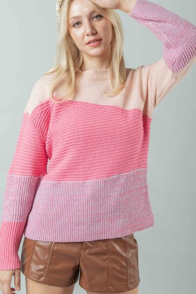 VERY J Color Block Long Sleeve Sweater - EMMY